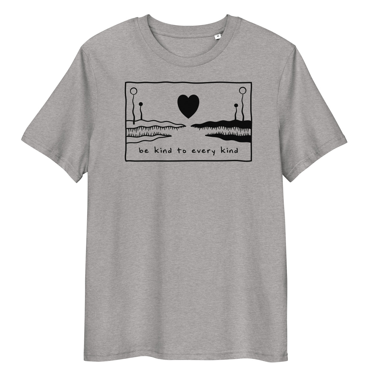 Graues Bio-Baumwoll-T-Shirt mit schwarzem „Be kind to every kind“-Herz-Print und Rundhalsausschnitt.