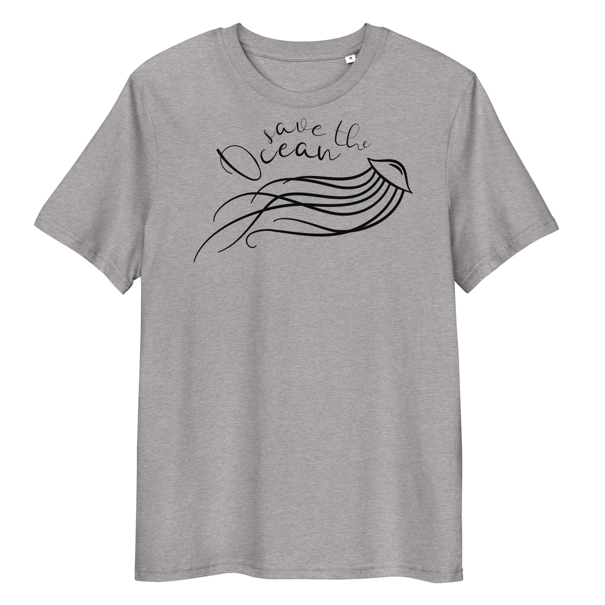 Graues Bio-Baumwoll-T-Shirt mit schwarzem „Save the Ocean“-Aufdruck und Quallen-Illustration.