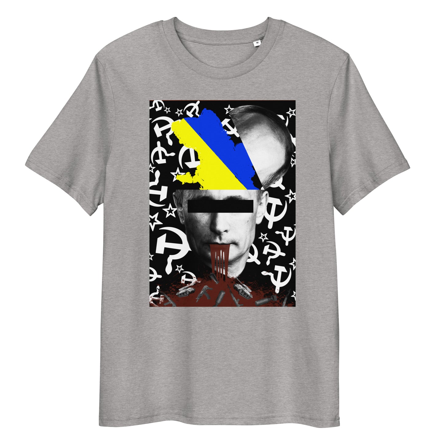 Graues Bio-Baumwoll-T-Shirt mit politischem STOP WAR-Druck, Ukraine-Flagge und Hammer-und-Sichel-Motiv auf schwarzem Hintergrund.