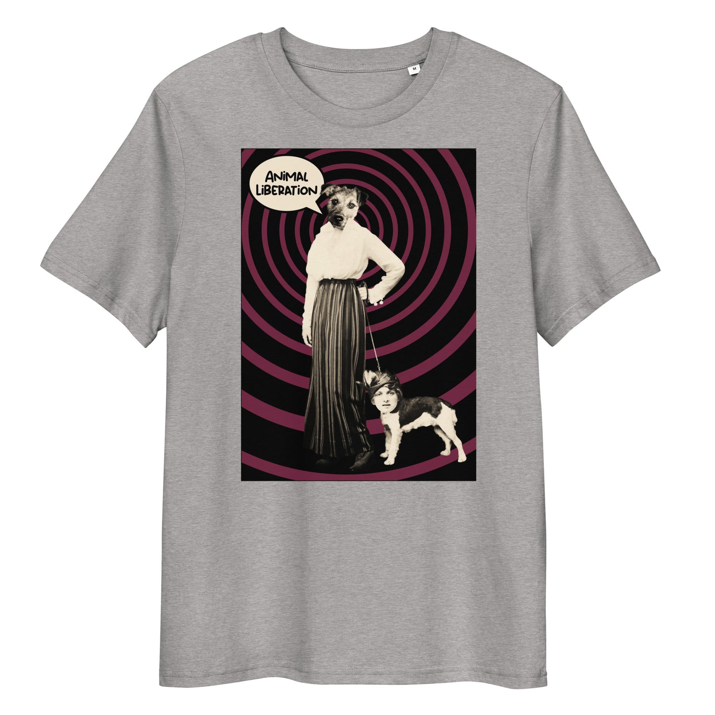 Graues Bio-Baumwoll-T-Shirt mit Ladydog-Print, Sprechblase Animal Liberation und hypnotischem Spiral-Hintergrund.
