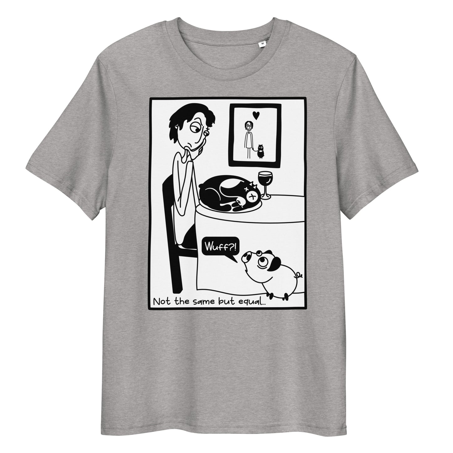 Graues Bio-Baumwoll-T-Shirt mit Piggy-Comic-Print und dem Schriftzug Not the same but equal.