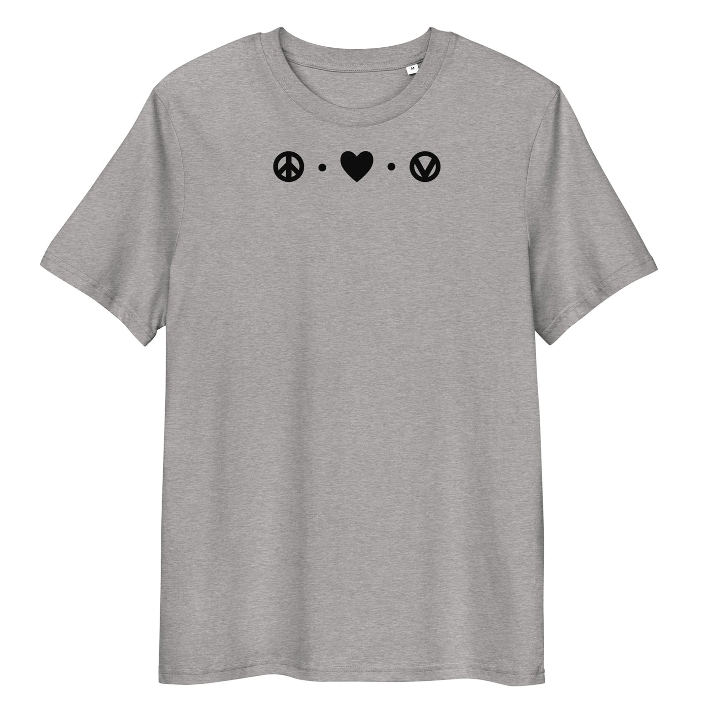 Graues Bio-Baumwoll-T-Shirt mit schwarzem Peace, Love, Veganism Aufdruck auf der Brust.
