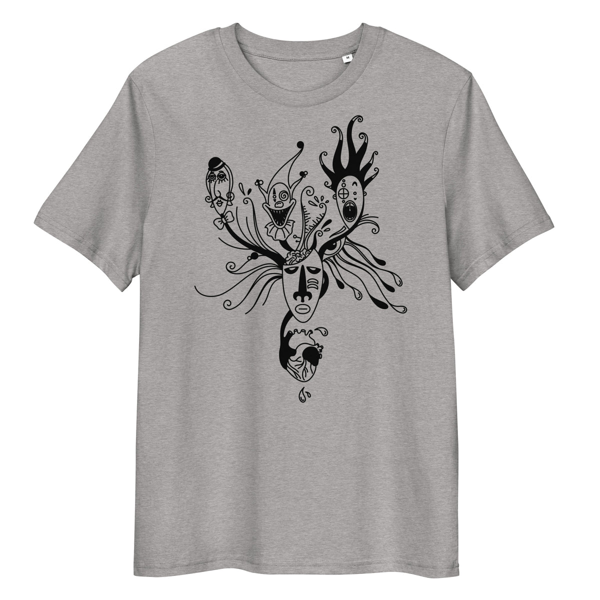 Graues Bio-Baumwoll-T-Shirt mit schwarzem Mental-Health-Druck, der eine Maske und abstrakte Figuren zeigt.