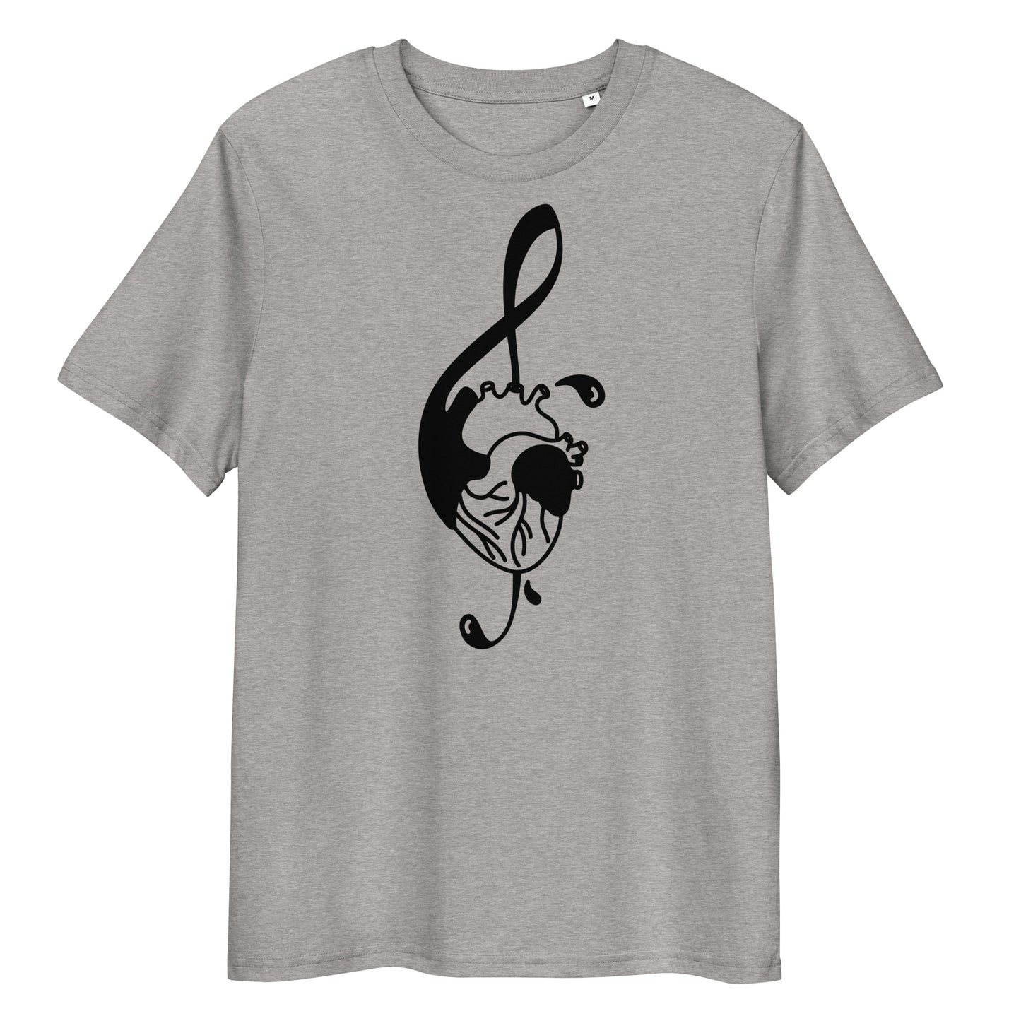 Graues Bio-Baumwoll-T-Shirt mit schwarzem Notenschlüssel-Herz-Druck, Rundhalsausschnitt und klassischer Passform.