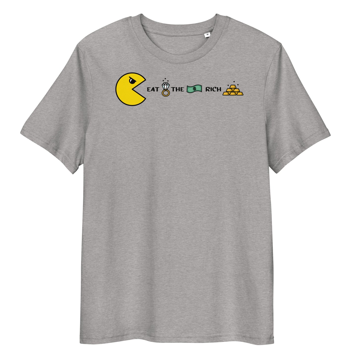 Graues Bio-Baumwoll-T-Shirt mit Pac-Man-Grafik und dem Schriftzug Eat the Rich, inklusive Diamantring, Geldschein und Goldbarren.