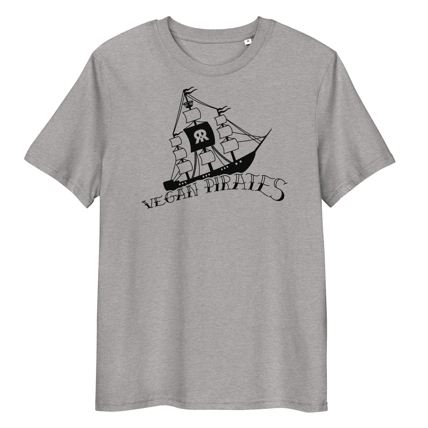 Graues Bio-Baumwoll-T-Shirt mit schwarzem Vegan Pirates Segelschiff-Druck, Rundhalsausschnitt und klassischer Passform.
