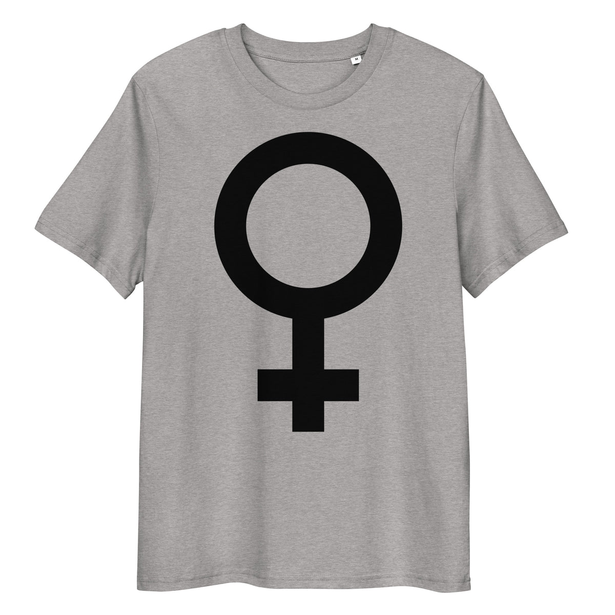 Graues Bio-Baumwoll-T-Shirt mit schwarzem Feminismus-Symbol-Print, Rundhalsausschnitt und klassischer Passform.