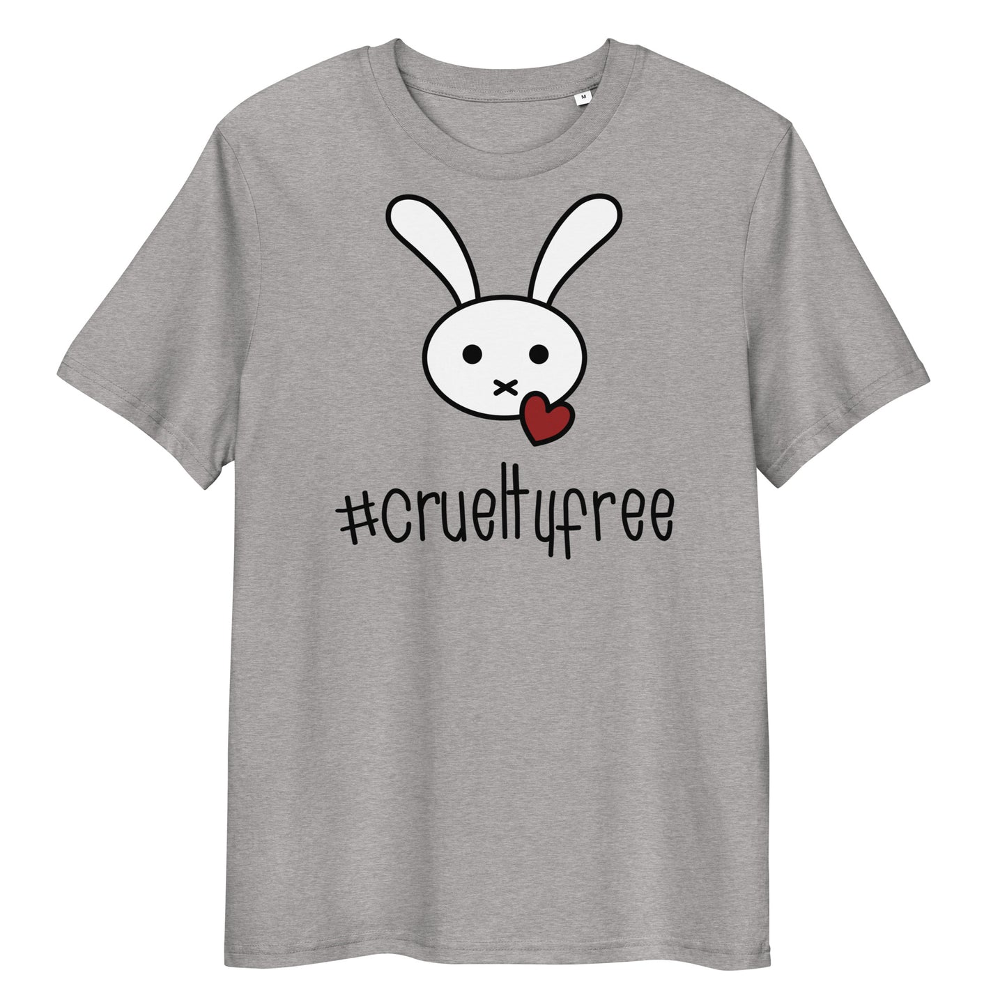 Graues Bio-Baumwoll-T-Shirt mit weißem Hasen-Motiv, rotem Herz und #crueltyfree Schriftzug.