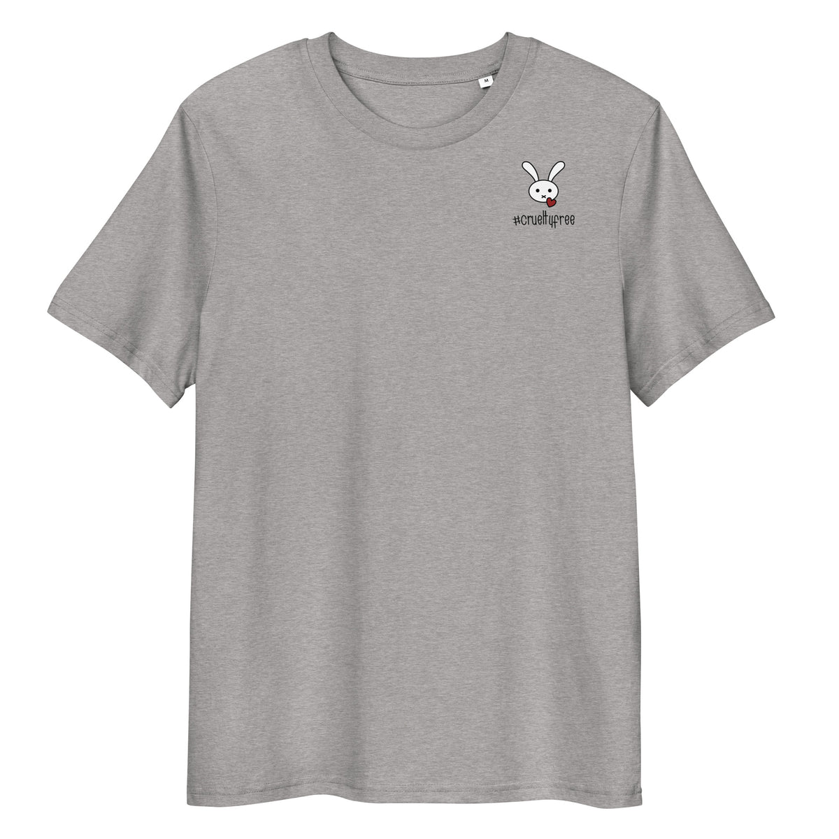 Graues Bio-Baumwoll-T-Shirt mit kleinem Hasen-Motiv und #crueltyfree-Schriftzug auf der Brust.