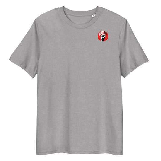 T-Shirt hellgrau meliert mit Rundhalsausschnitt und kleinem Logo-Print links