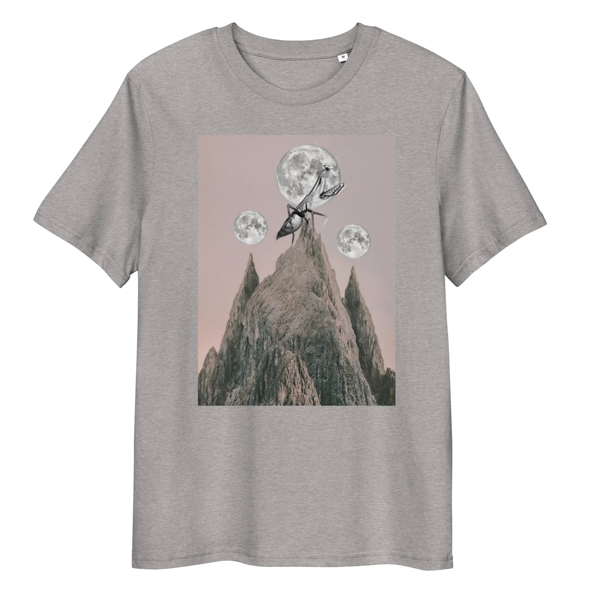 Veganes Bio-T-Shirt, hellgrau, Rundhalsausschnitt, Frontprint einer Mantis mit Bergen
