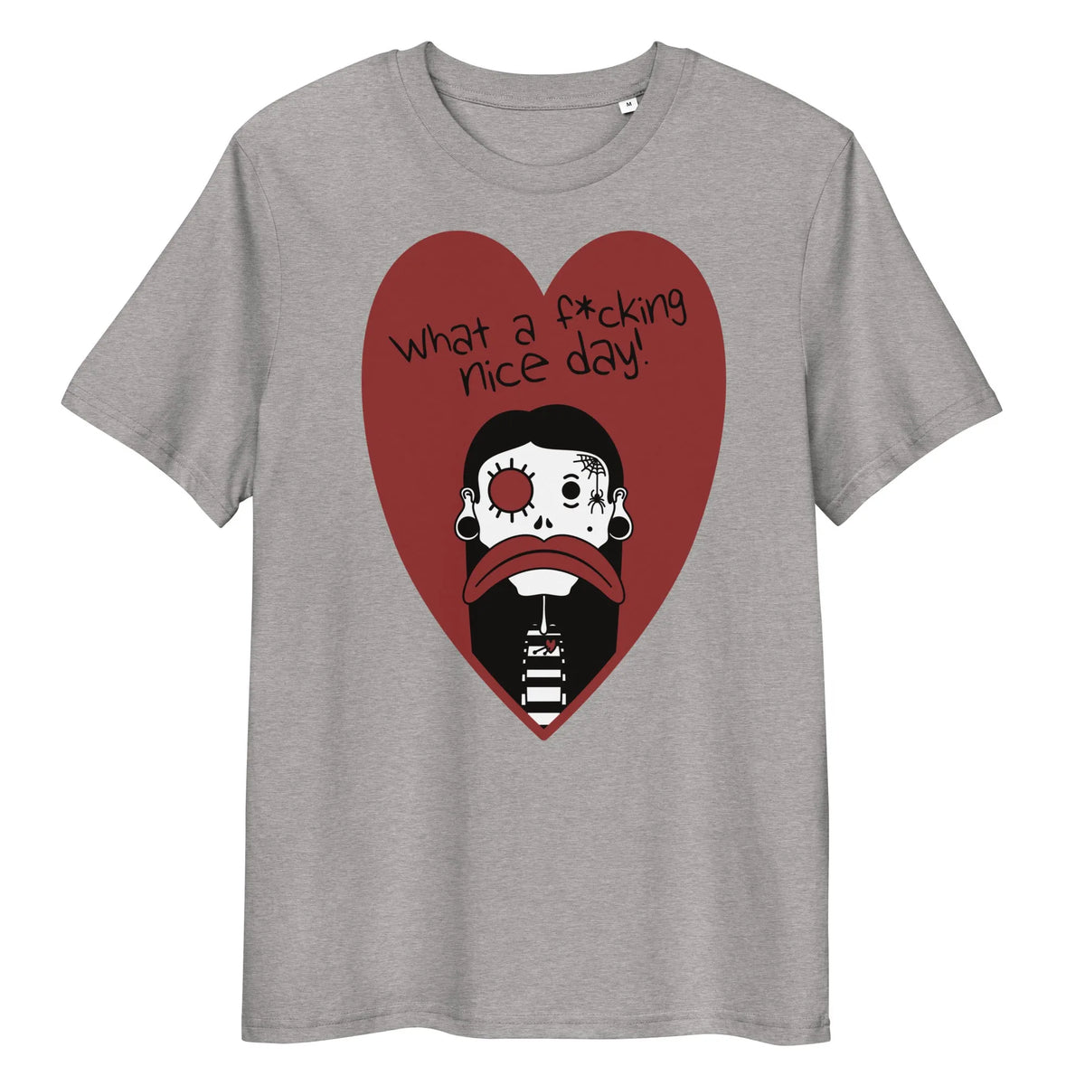 Veganes Bio-T-Shirt in Hellgrau mit Herzmotiv und Cartoon-Gesicht vorne