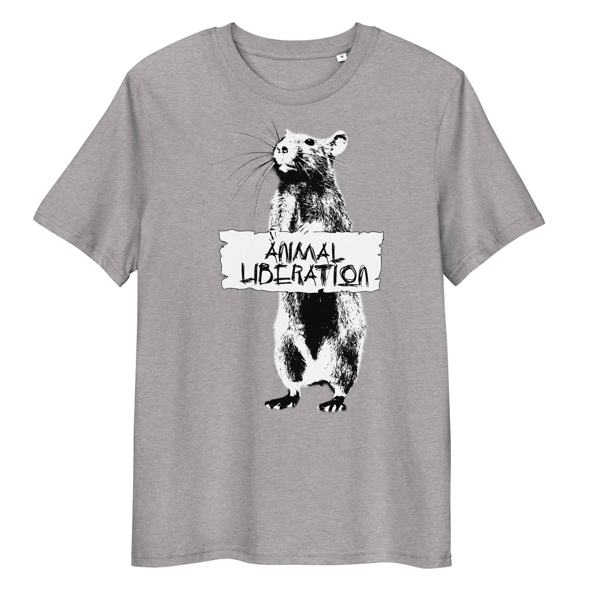 T-Shirt in Hellgrau mit Rattenmotiv und Aufdruck „ANIMAL LIBERATION“ vorne