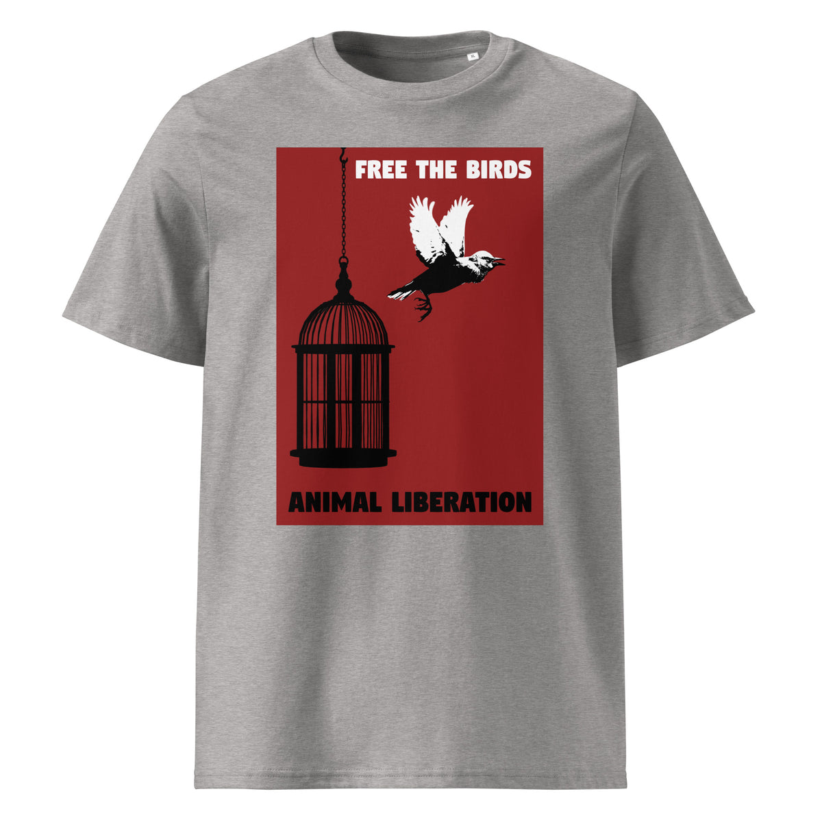 Hellgraues meliertes T-Shirt mit Vogel-im-Käfig-Print und Aufschrift „FREE THE BIRDS“