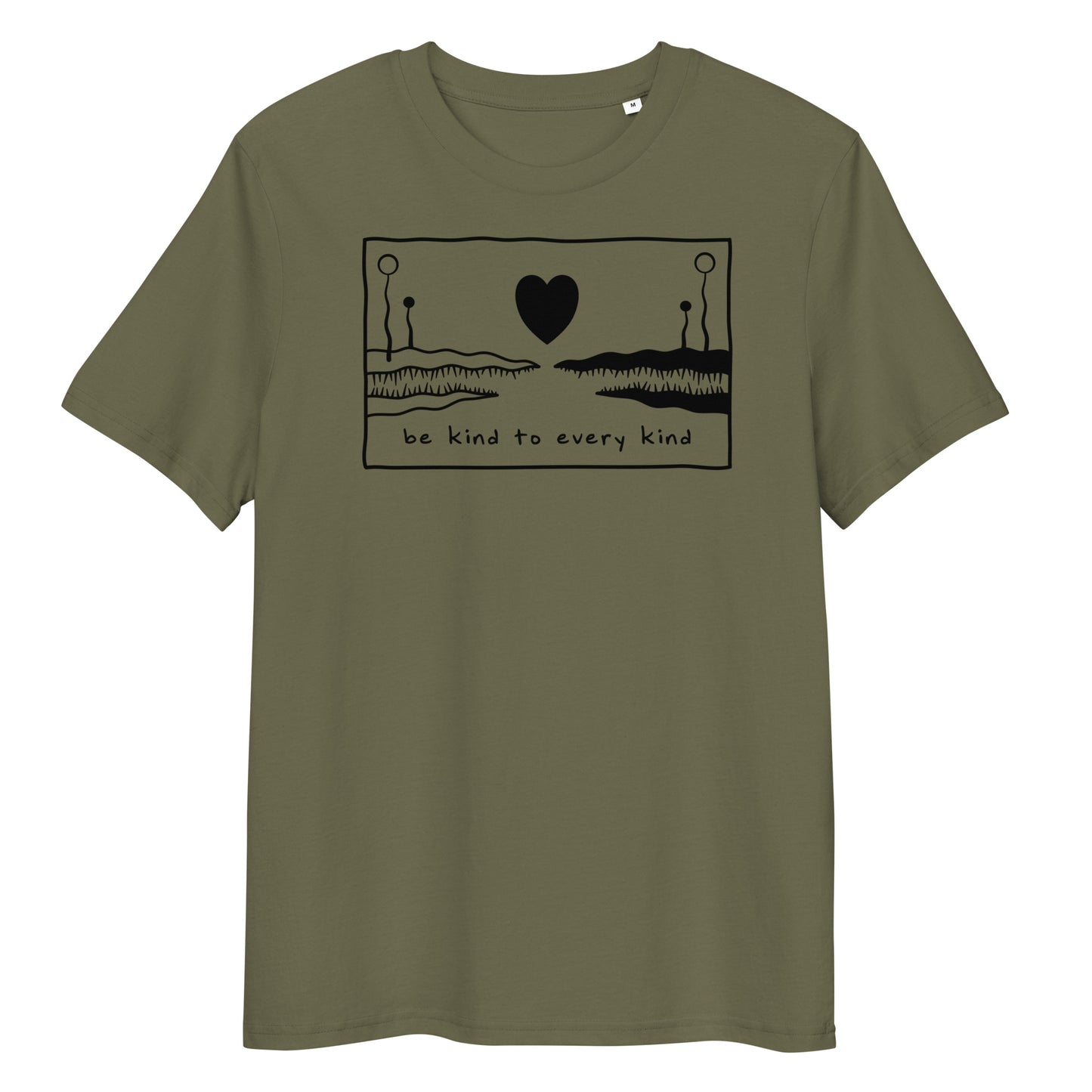 Olivgrünes Bio-Baumwoll-T-Shirt mit schwarzem „Be kind to every kind“-Aufdruck und Herz-Motiv.