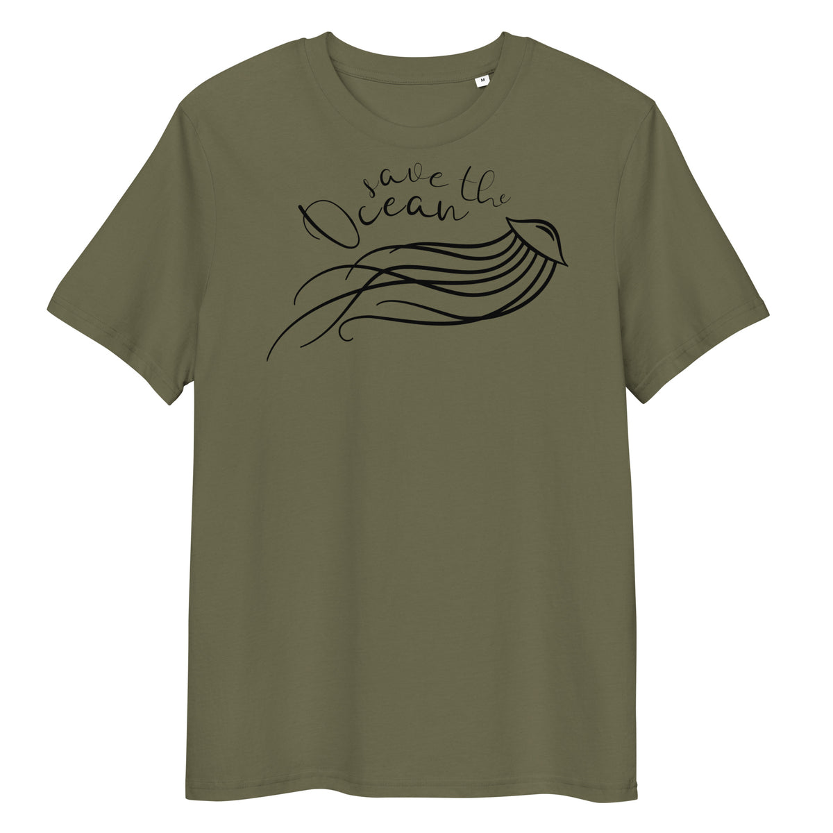 Olivgrünes Bio-Baumwoll-T-Shirt mit schwarzem „Save the Ocean“-Aufdruck und Quallen-Grafik im minimalistischen Design.