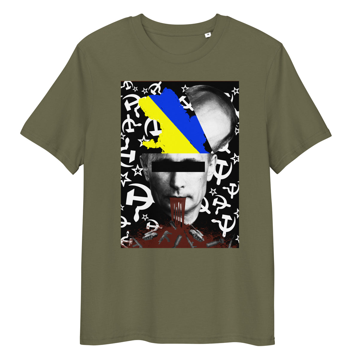 Olivgrünes Bio-Baumwoll-T-Shirt mit politischem STOP WAR Grafikdruck, mittlere Passform, GOTS-zertifiziert.