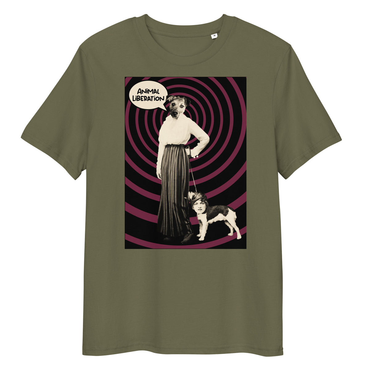 Olivgrünes Bio-Baumwoll-T-Shirt mit Ladydog-Print, Animal Liberation Sprechblase und hypnotischem Spiral-Hintergrund.
