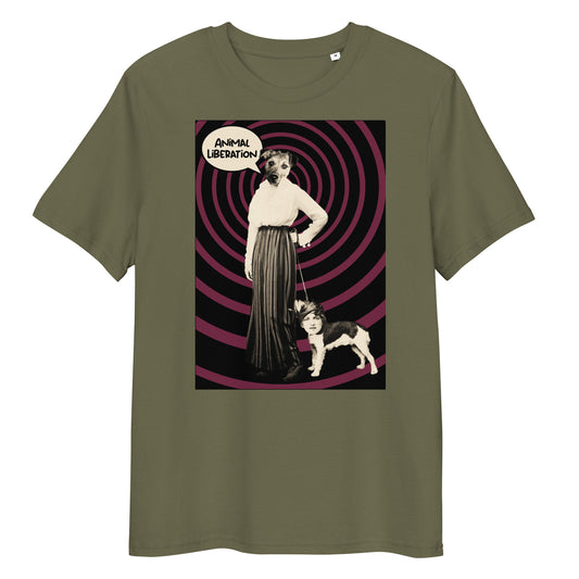 Olivgrünes T-Shirt mit rundem Halsausschnitt und großem Tierbefreiungs-Print