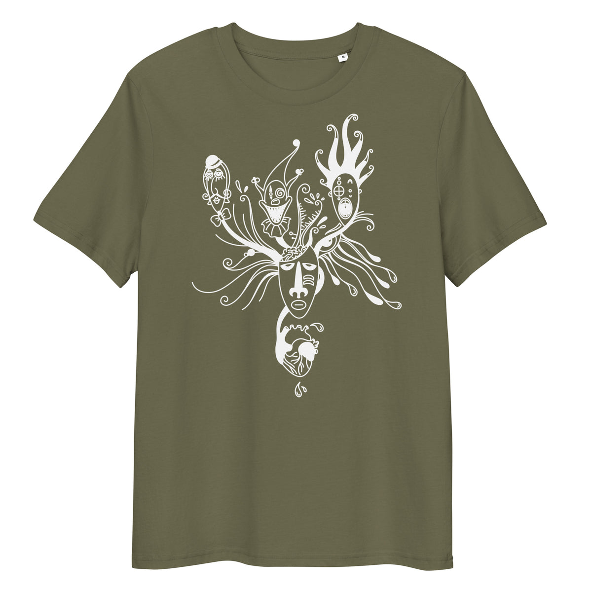 Olivgrünes Bio-Baumwoll-T-Shirt mit weißem Mental Health „Behind the Mask“ Grafikdruck und Rundhalsausschnitt.