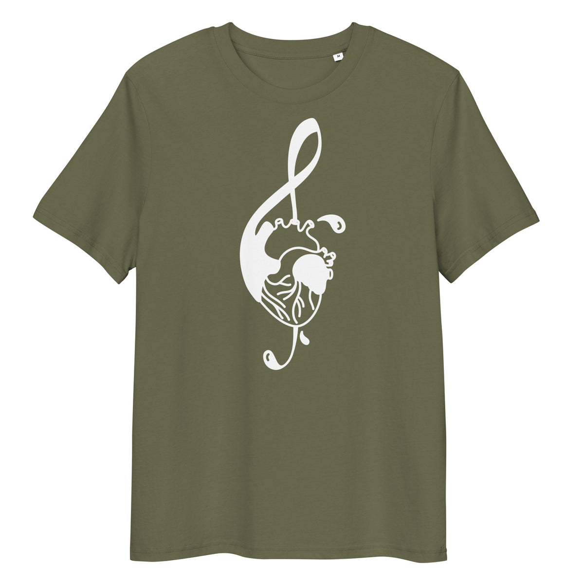 Olivgrünes Bio-Baumwoll-T-Shirt mit weißem Herz-Notenschlüssel-Druck, mittlere Passform, Größe M.
