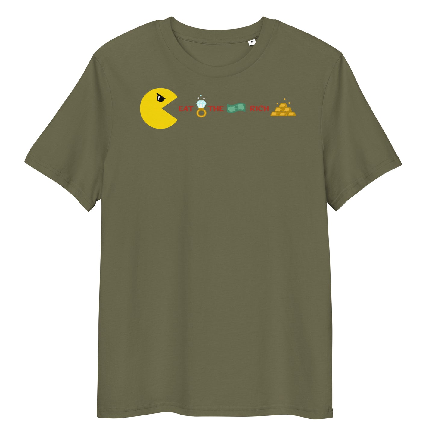 Olivgrünes Bio-Baumwoll-T-Shirt mit Pac-Man-Grafik und dem Schriftzug Eat the Rich in Größe M.
