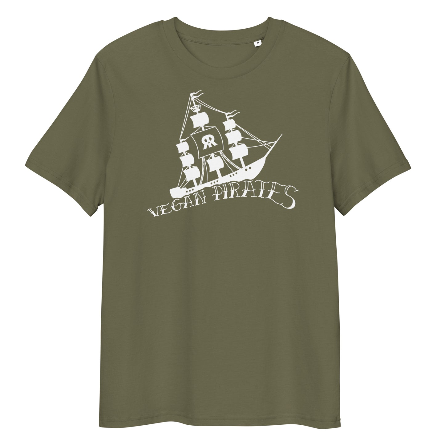 Olivgrünes Bio-Baumwoll-T-Shirt mit weißem Vegan Pirates Segelschiff-Aufdruck und Rundhalsausschnitt.