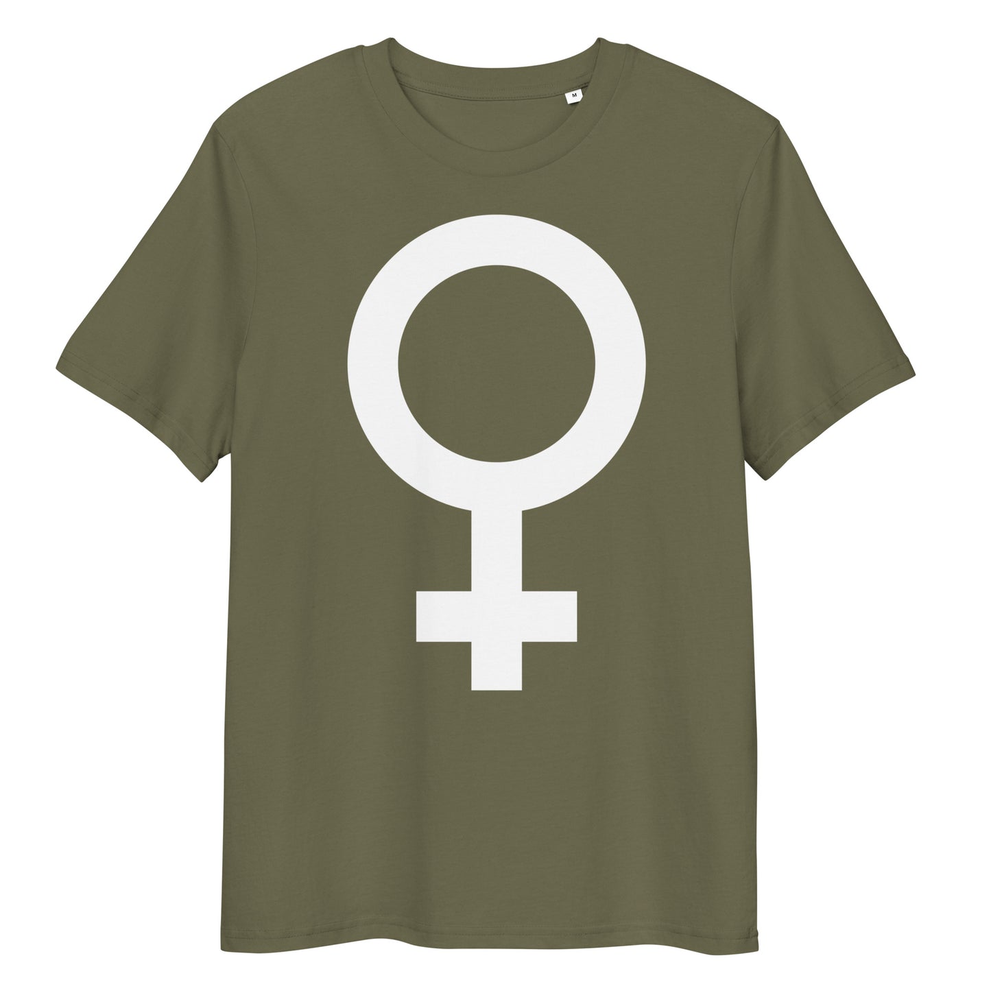 Olivgrünes Bio-Baumwoll-T-Shirt mit weißem Feminismus-Symbol-Aufdruck, mittlere Passform und Rundhalsausschnitt.