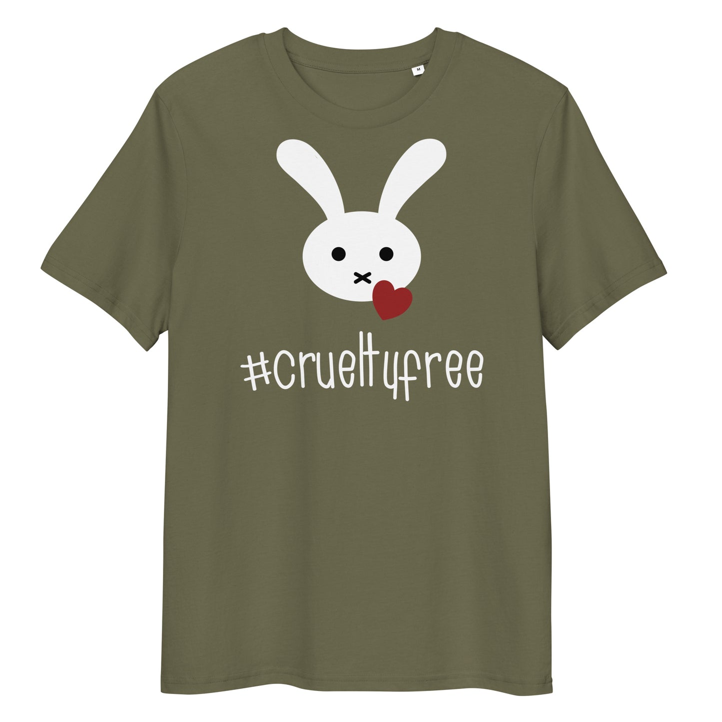 Olivgrünes Bio-Baumwoll-T-Shirt mit weißem Hasen-Motiv, rotem Herz und #crueltyfree Schriftzug.