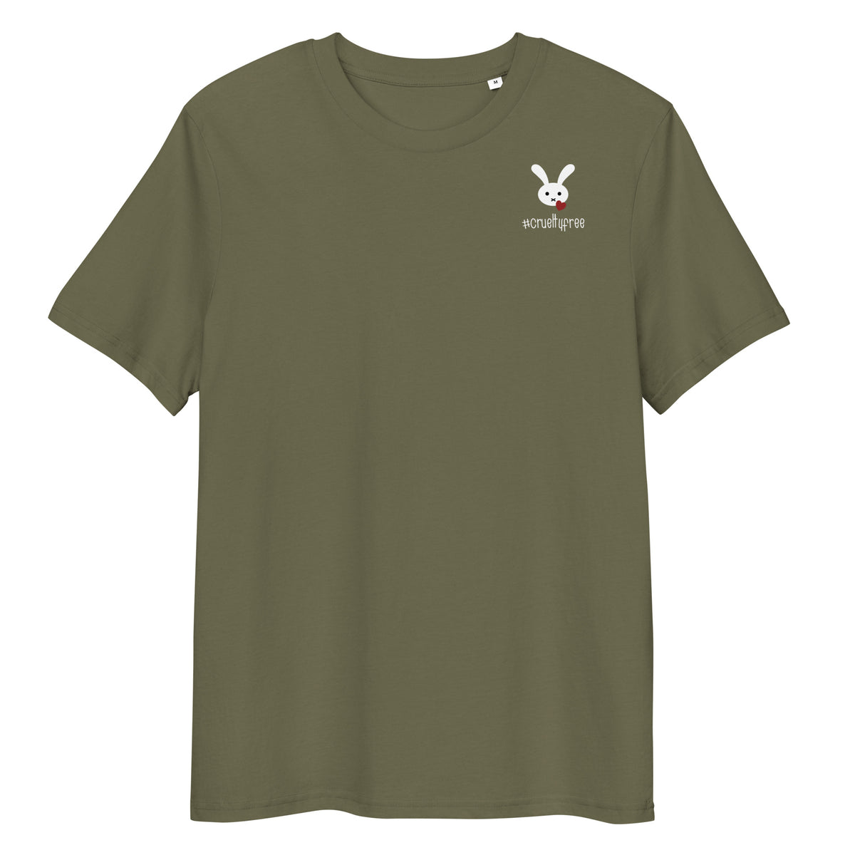 Olivgrünes Bio-Baumwoll-T-Shirt mit kleinem weißem Hasen-Logo und #crueltyfree Schriftzug auf der Brust.