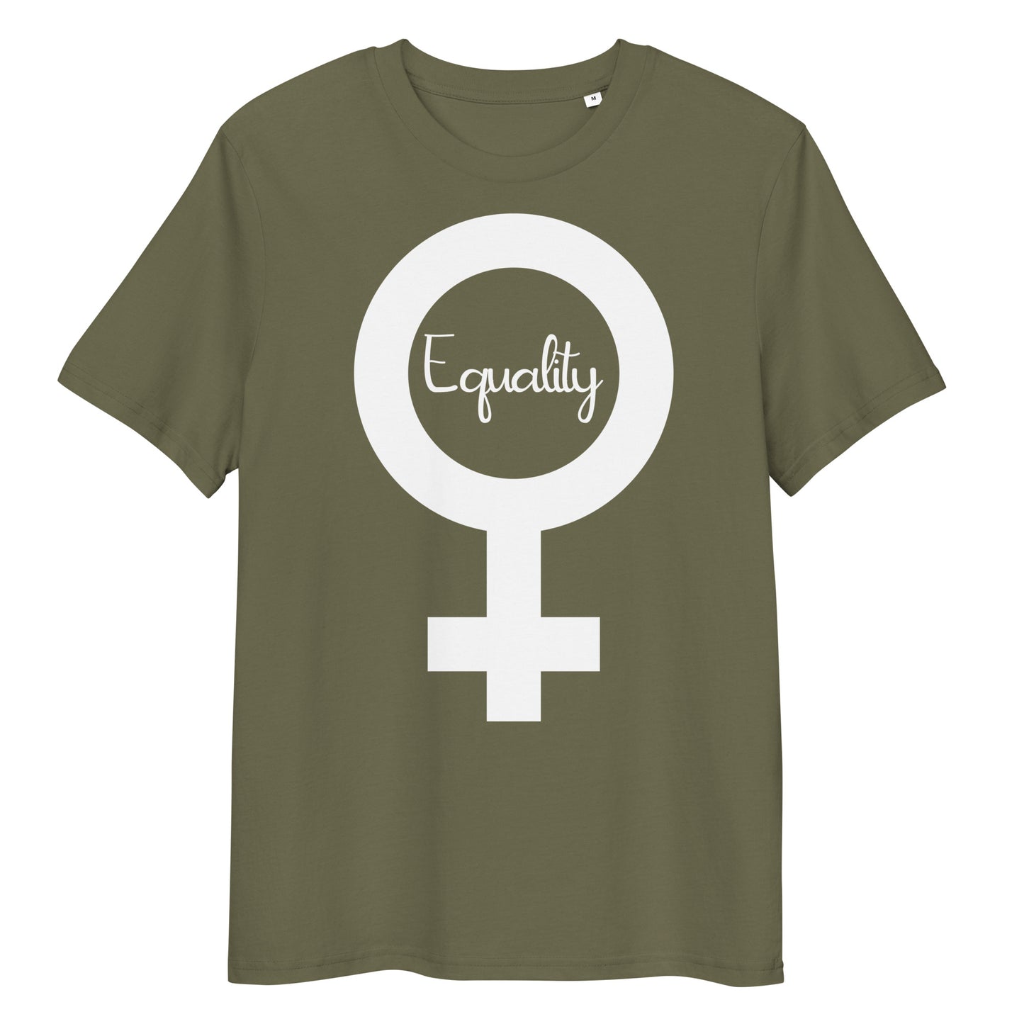 Olivgrünes Bio-Baumwoll-T-Shirt mit weißem Feminismus-Symbol und Equality-Schriftzug im Siebdruck.
