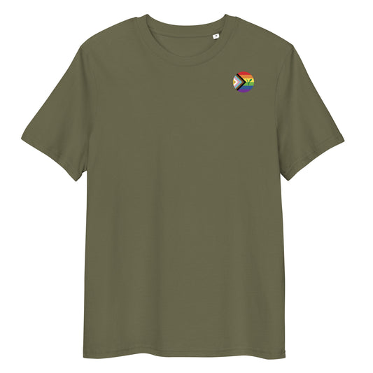 Bio-T-Shirt, olivgrün, Rundhals-Kurzarm, kleines Regenbogen-Logo