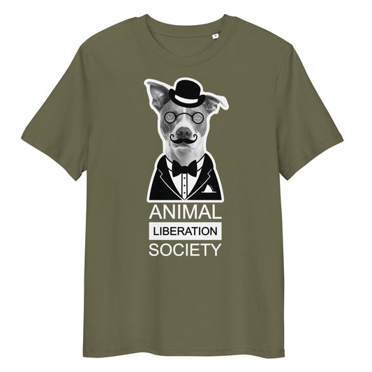 T-Shirt in Olivegrün mit Hundemotiv im Zylinder und Aufdruck „ANIMAL LIBERATION SOCIETY“