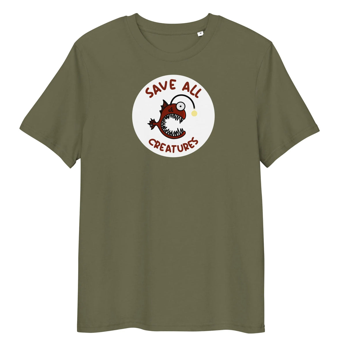 Olivefarbenes T-Shirt mit rundem Froschfisch-Print „Save All Creatures“