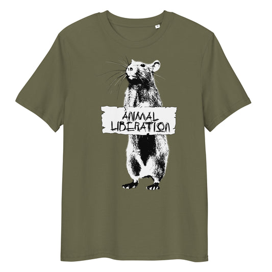 Olivegrünes T-Shirt mit Rattenmotiv und Aufdruck „Animal Liberation“