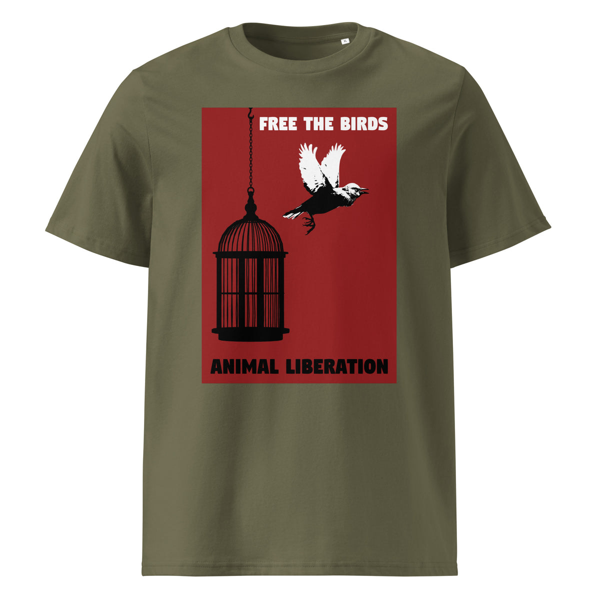 Khakifarbenes T-Shirt mit Vogel-im-Käfig-Print und Aufschrift „FREE THE BIRDS“