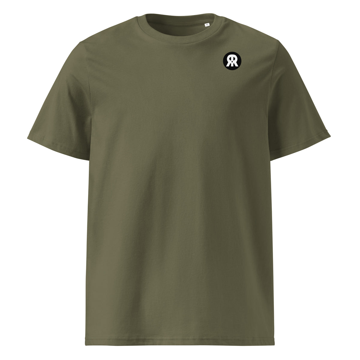 Olivfarbenes Bio-T-Shirt mit Rundhalsausschnitt und kleinem Emblem am Brustbereich