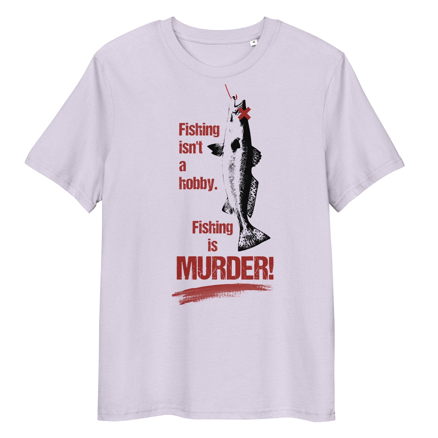 Hellgraues Bio-Baumwoll-T-Shirt mit Fisch-Grafik und dem Aufdruck Fishing is MURDER! in roter und schwarzer Schrift.
