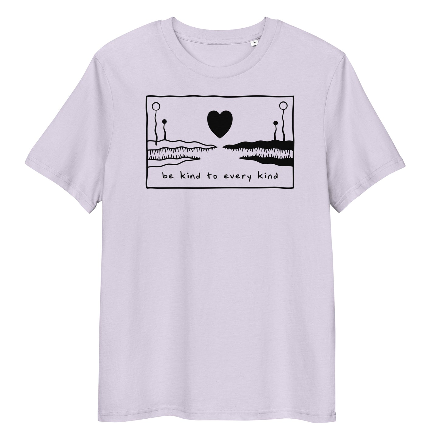Hellblaues Bio-Baumwoll-T-Shirt mit schwarzem „Be kind to every kind“-Herz-Print und Rundhalsausschnitt.