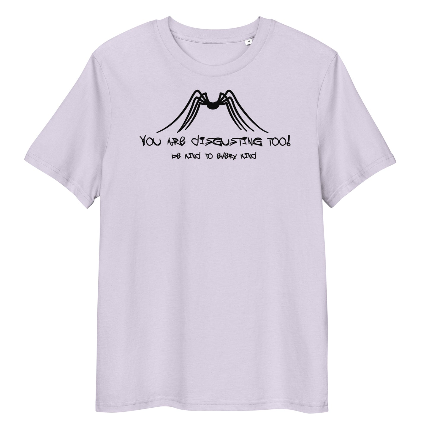 Hellblaues Bio-Baumwoll-T-Shirt mit schwarzem Spinnen-Print und dem Slogan You are disgusting too – Be kind to every kind.