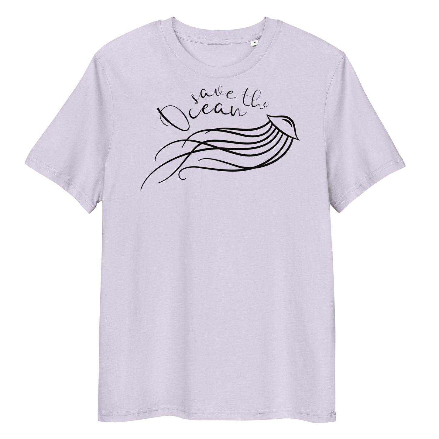 Hellblaues Bio-Baumwoll-T-Shirt mit schwarzem Quallen-Aufdruck und dem Schriftzug Save the Ocean.