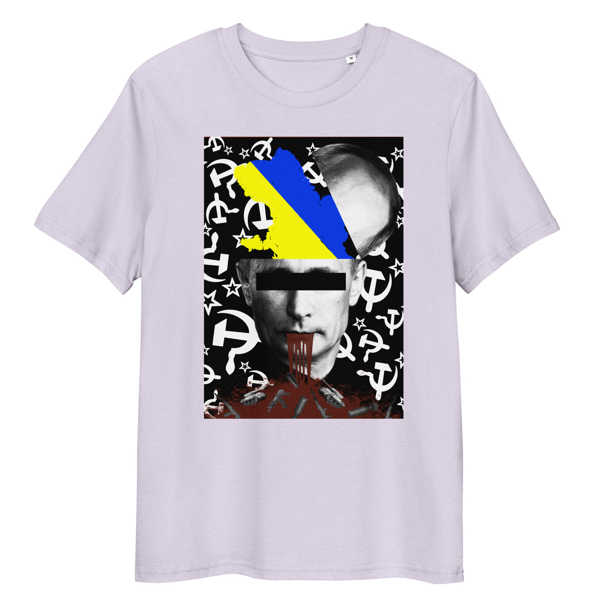 Hellgraues Bio-Baumwoll-T-Shirt mit politischem Grafikdruck, Ukraine-Flagge und Hammer-und-Sichel-Hintergrund.
