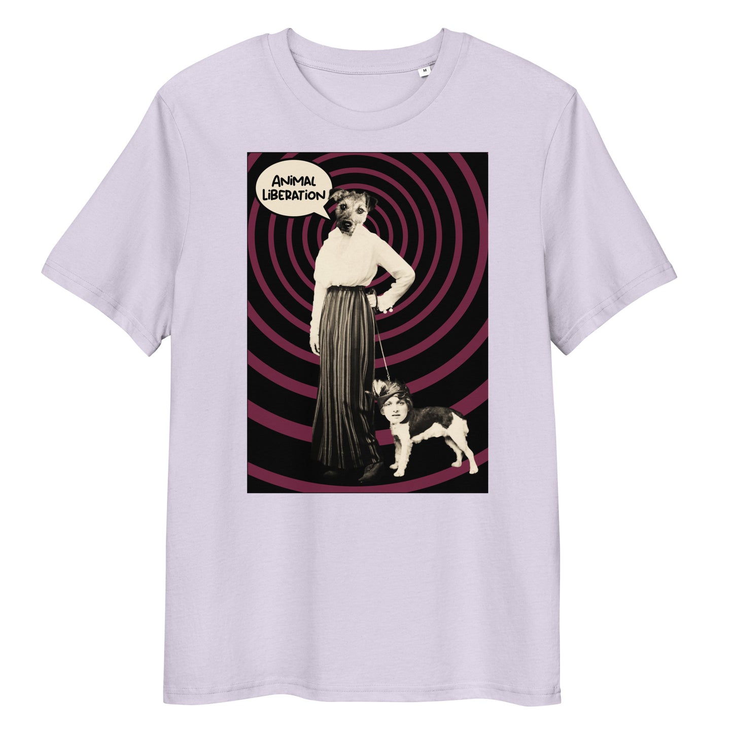 Hellblaues Bio-Baumwollshirt mit Ladydog-Print, Sprechblase Animal Liberation und hypnotischem Hintergrundmuster.