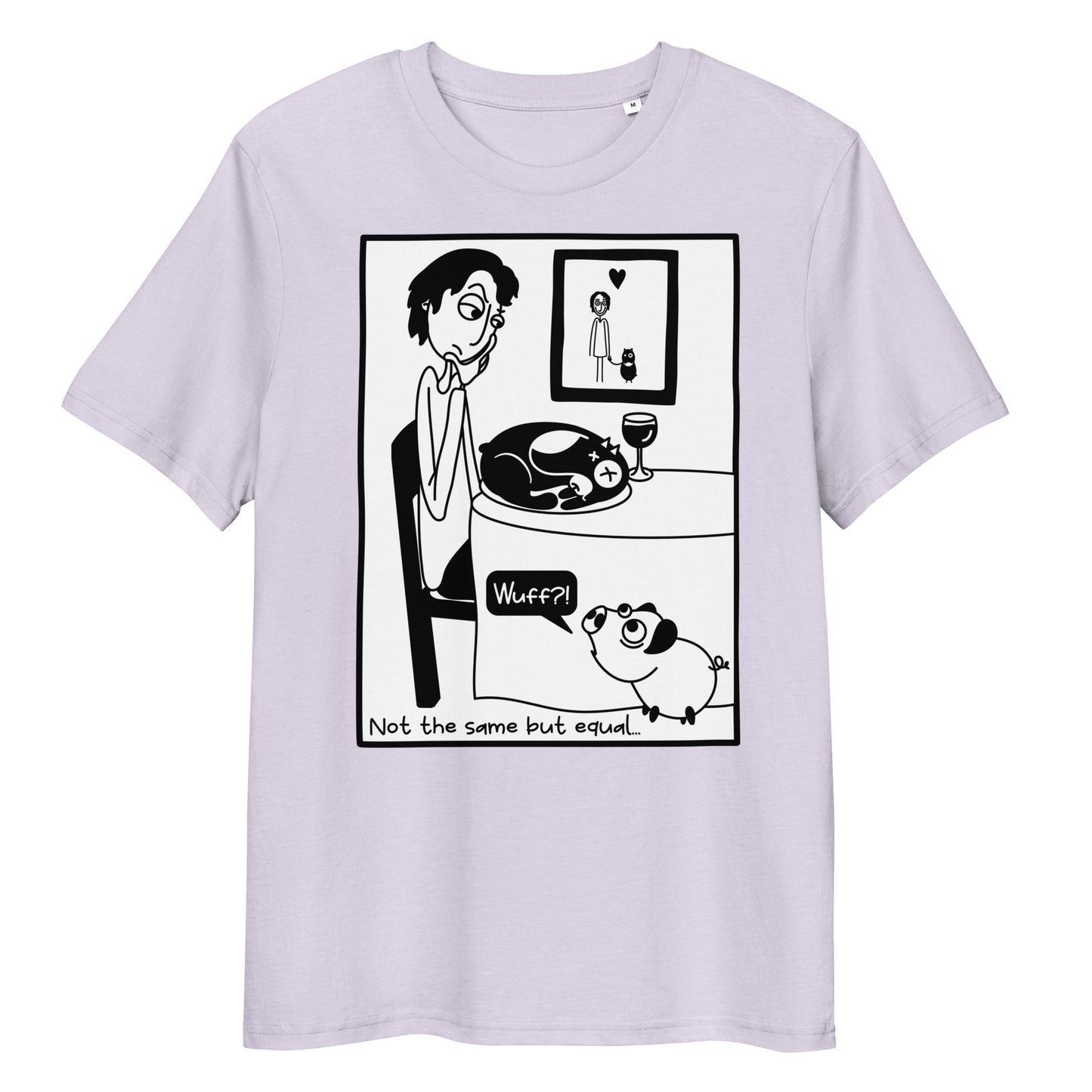 Hellblaues Bio-Baumwoll-T-Shirt mit Piggy-Comic-Print und dem Schriftzug Not the same but equal.