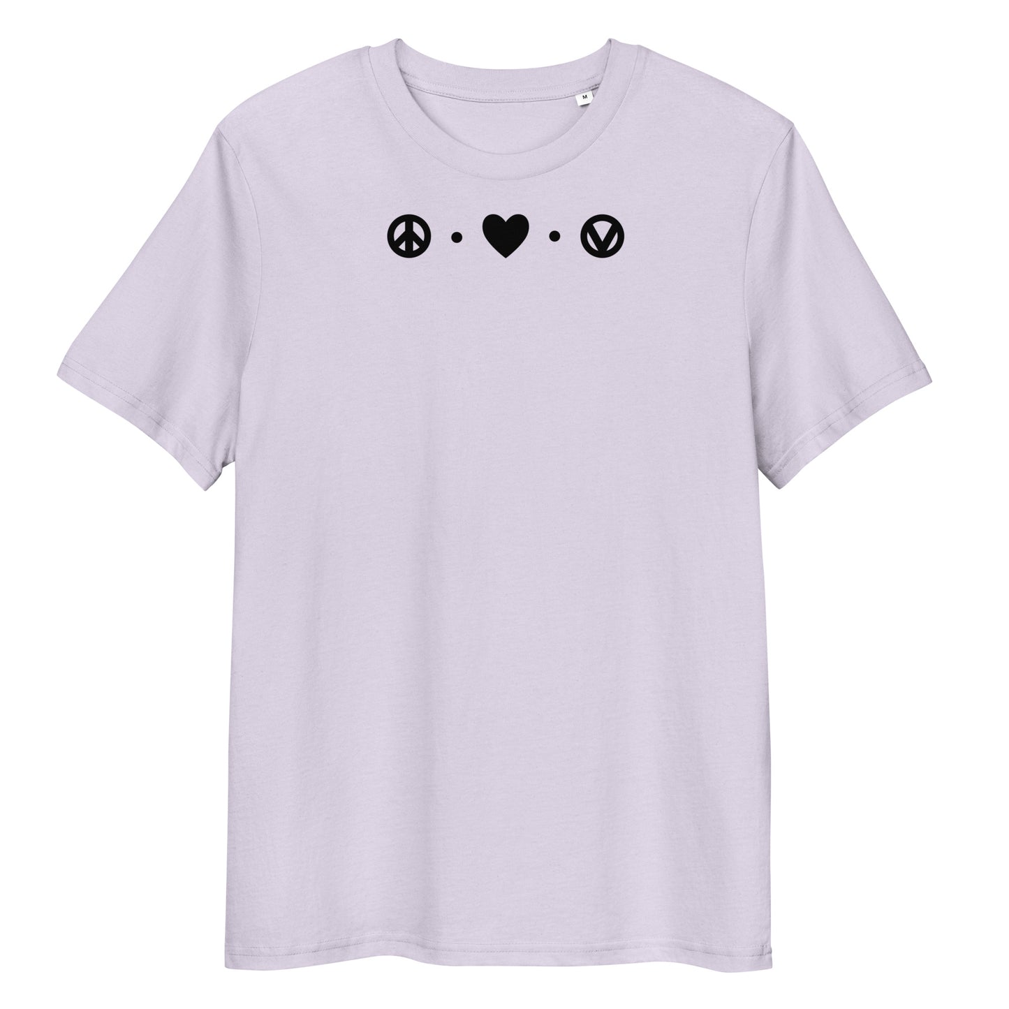 Hellblaues Bio-Baumwoll-T-Shirt mit schwarzem Peace-Love-Vegan-Aufdruck auf der Brust.