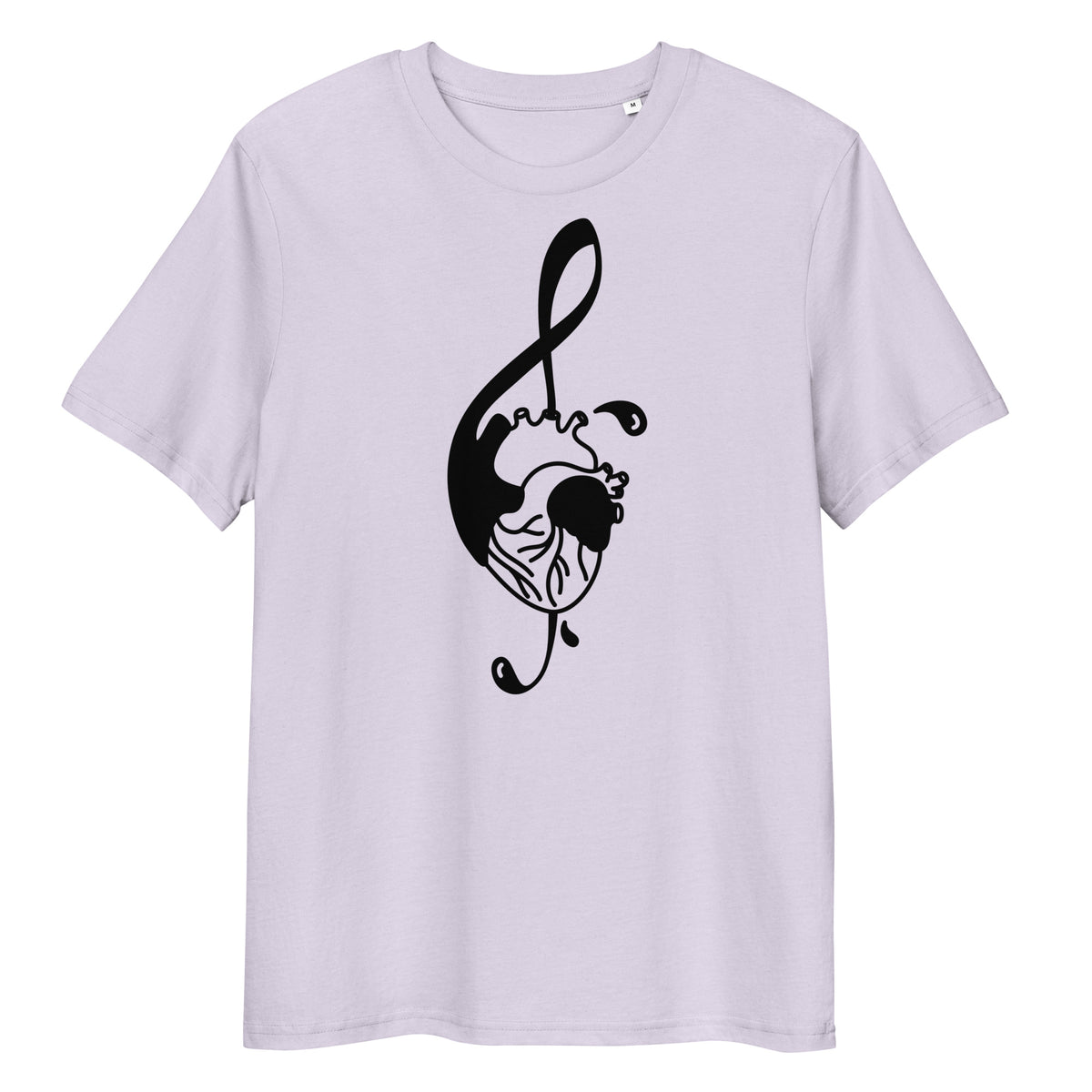 Hellblaues Bio-Baumwoll-T-Shirt mit schwarzem Notenschlüssel-Herz-Druck, Rundhalsausschnitt und klassischer Passform.