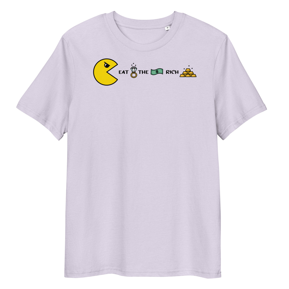 Hellblaues Bio-Baumwoll-T-Shirt mit Pac-Man-Grafik und dem Schriftzug Eat the Rich.
