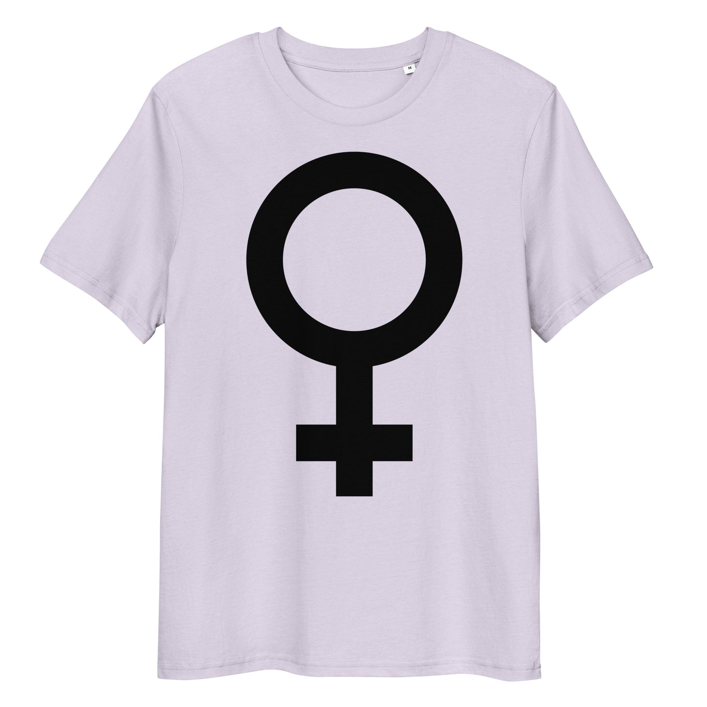 Hellblaues Bio-Baumwoll-T-Shirt mit schwarzem Feminismus-Symbol-Aufdruck und Rundhalsausschnitt.