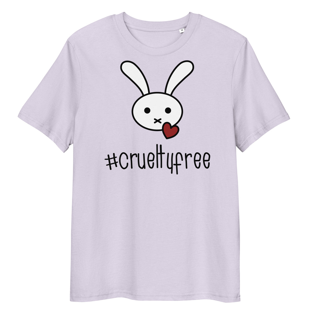 Hellblaues Bio-Baumwoll-T-Shirt mit weißem Hasen-Motiv, rotem Herz und #crueltyfree Schriftzug.