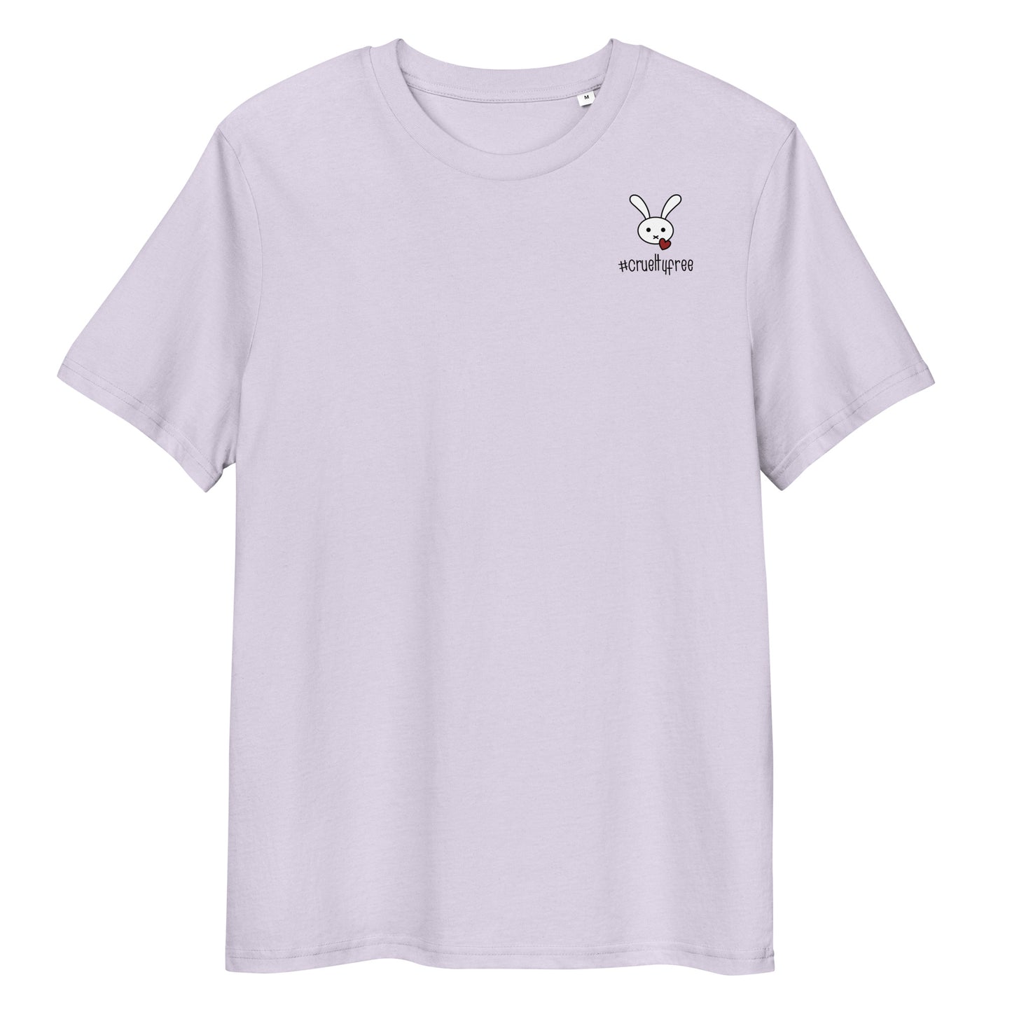 Hellviolettes Bio-Baumwoll-T-Shirt mit kleinem Hasen-Motiv und #crueltyfree Schriftzug auf der Brust.